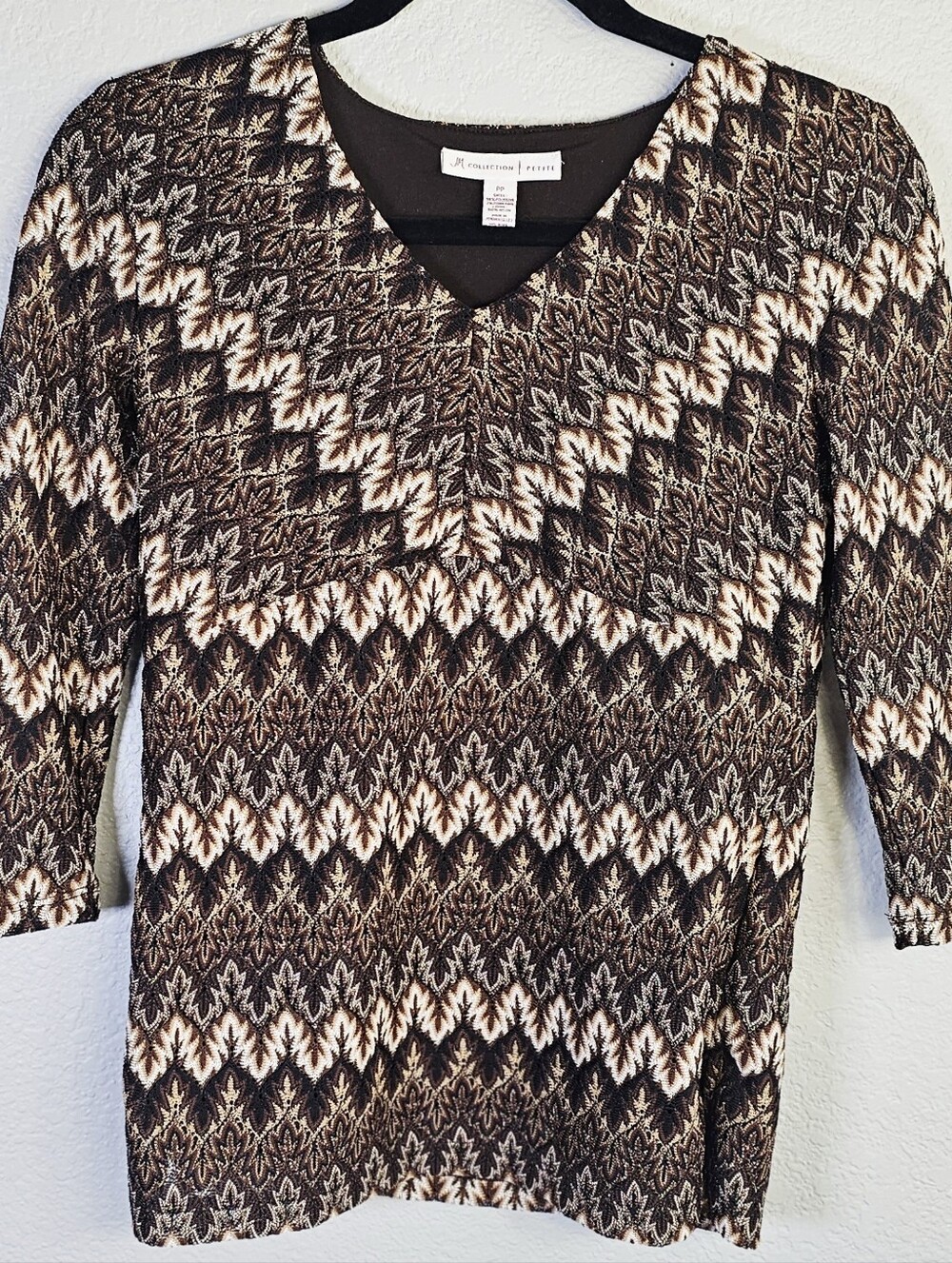 JM Collection Petite PP Brown Geometric Print Lined Stretch Blouse Top